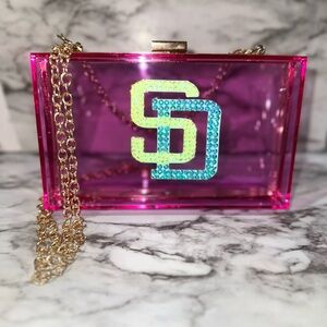 New San Diego Padres  Pink Acrylic Clutch w/ Gold Chain. Rhinestone stadium bag